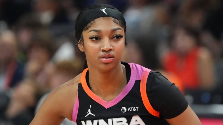 Jul 20, 2024; Phoenix, AZ, USA; Team WNBA forward Angel Reese gets in position against USA Women's National Team during the WNBA All Star Game at Footprint Center. Mandatory Credit: Joe Camporeale-USA TODAY Sports