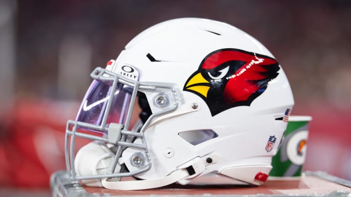 Aug 10, 2024; Glendale, Arizona, USA; Detailed view of an Arizona Cardinals helmet during a preseason NFL game at State Farm Stadium. Mandatory Credit: Mark J. Rebilas-USA TODAY Sports
