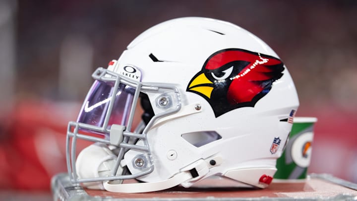 Aug 10, 2024; Glendale, Arizona, USA; Detailed view of an Arizona Cardinals helmet during a preseason NFL game at State Farm Stadium. Mandatory Credit: Mark J. Rebilas-Imagn Images
