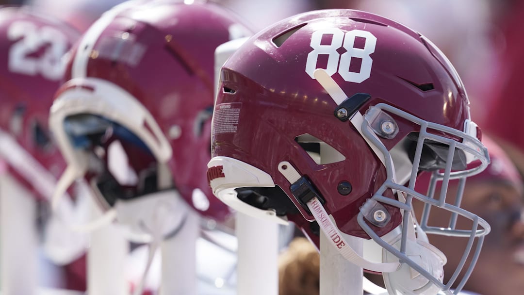 Sep 14, 2024; Madison, Wisconsin, USA;  General view of Alabama Crimson Tide helmets during the game against the Wisconsin Badgers at Camp Randall Stadium. Mandatory Credit: Jeff Hanisch-Imagn Images
