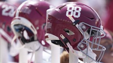 Sep 14, 2024; Madison, Wisconsin, USA;  General view of Alabama Crimson Tide helmets during the game against the Wisconsin Badgers at Camp Randall Stadium. Mandatory Credit: Jeff Hanisch-Imagn Images