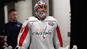 Mar 15, 2025; San Jose, California, USA;  Washington Capitals goalie Charlie Lindgren (79) takes the ice for warmups against the San Jose Sharks at SAP Center at San Jose. Mandatory Credit: David Gonzales-Imagn Images