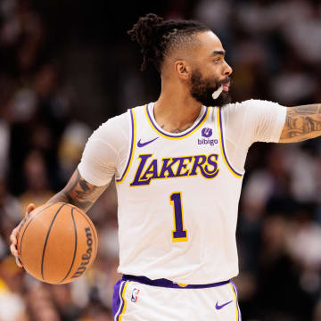 Apr 20, 2024; Denver, Colorado, USA; Los Angeles Lakers guard D'Angelo Russell (1) calls a play during the third quarter against the Denver Nuggets in game one of the first round for the 2024 NBA playoffs at Ball Arena. Mandatory Credit: Andrew Wevers-USA TODAY Sports