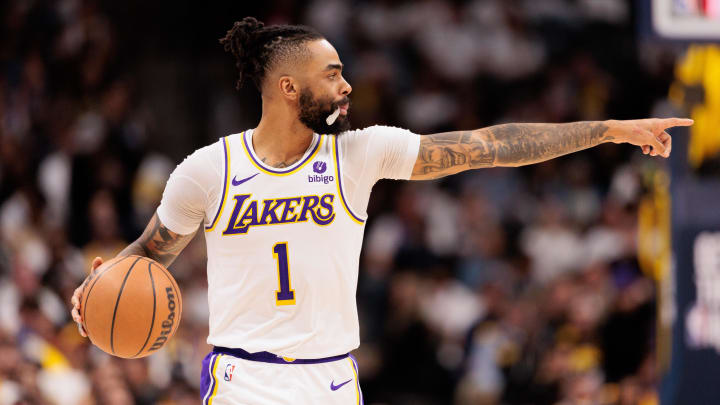Apr 20, 2024; Denver, Colorado, USA; Los Angeles Lakers guard D'Angelo Russell (1) calls a play during the third quarter against the Denver Nuggets in game one of the first round for the 2024 NBA playoffs at Ball Arena. Mandatory Credit: Andrew Wevers-USA TODAY Sports