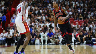 Apr 19, 2024; Miami, Florida, USA; Chicago Bulls forward DeMar DeRozan (11) dribbles the basketball.