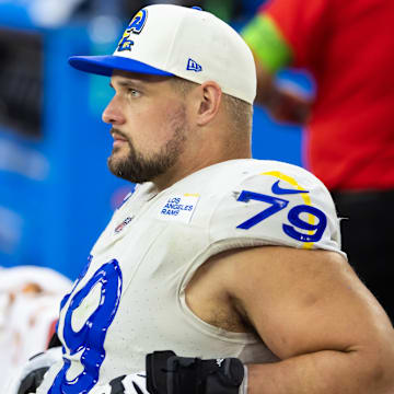 Nov 26, 2023; Glendale, Arizona, USA; Los Angeles Rams offensive tackle Rob Havenstein (79) against the Arizona Cardinals at State Farm Stadium. Mandatory Credit: Mark J. Rebilas-Imagn Images