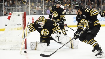 Apr 16, 2024; Boston, Massachusetts, USA;  Boston Bruins goaltender Linus Ullmark (35) gathers the puck while defenseman Charlie McAvoy (73) looks on during the second period against the Ottawa Senators at TD Garden. Mandatory Credit: Bob DeChiara-USA TODAY Sports