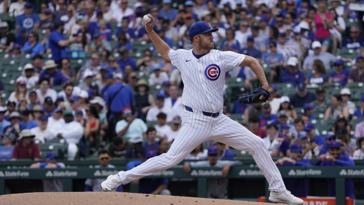 Jun 22, 2024; Chicago, Illinois, USA; Chicago Cubs pitcher Jameson Taillon (50) throws the ball against the New York Mets during the first inning at Wrigley Field. Mandatory Credit: David Banks-USA TODAY Sports