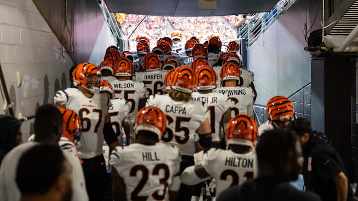 Oct 8, 2023; Glendale, Arizona, USA; General view of Cincinnati Bengals players as they wait in the tunnel prior to taking the field against the Arizona Cardinals at State Farm Stadium. Mandatory Credit: Mark J. Rebilas-Imagn Images