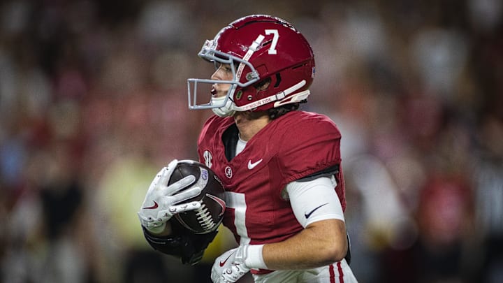 Sep 28, 2024; Tuscaloosa, Alabama, USA; Alabama Crimson Tide wide receiver Cole Adams (7) runs against the Georgia Bulldogs during the fourth quarter at Bryant-Denny Stadium. Mandatory Credit: Will McLelland-Imagn Images