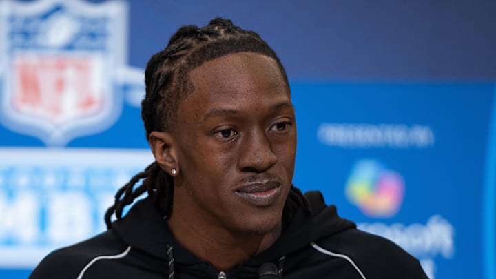 Oklahoma wideout Deion Burks speaks to members of the media