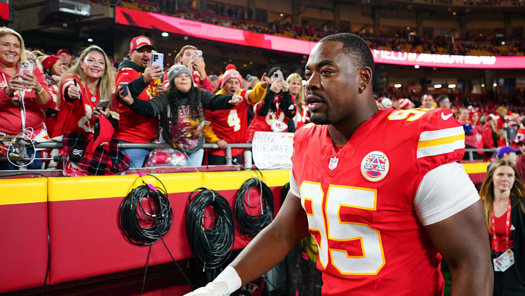 Oct 27, 2025; Kansas City, Missouri, USA; Kansas City Chiefs defensive end Chris Jones (95) walks off the field after warmups prior to the game against the Washington Commanders at GEHA Field at Arrowhead Stadium. Mandatory Credit: Denny Medley-Imagn Images