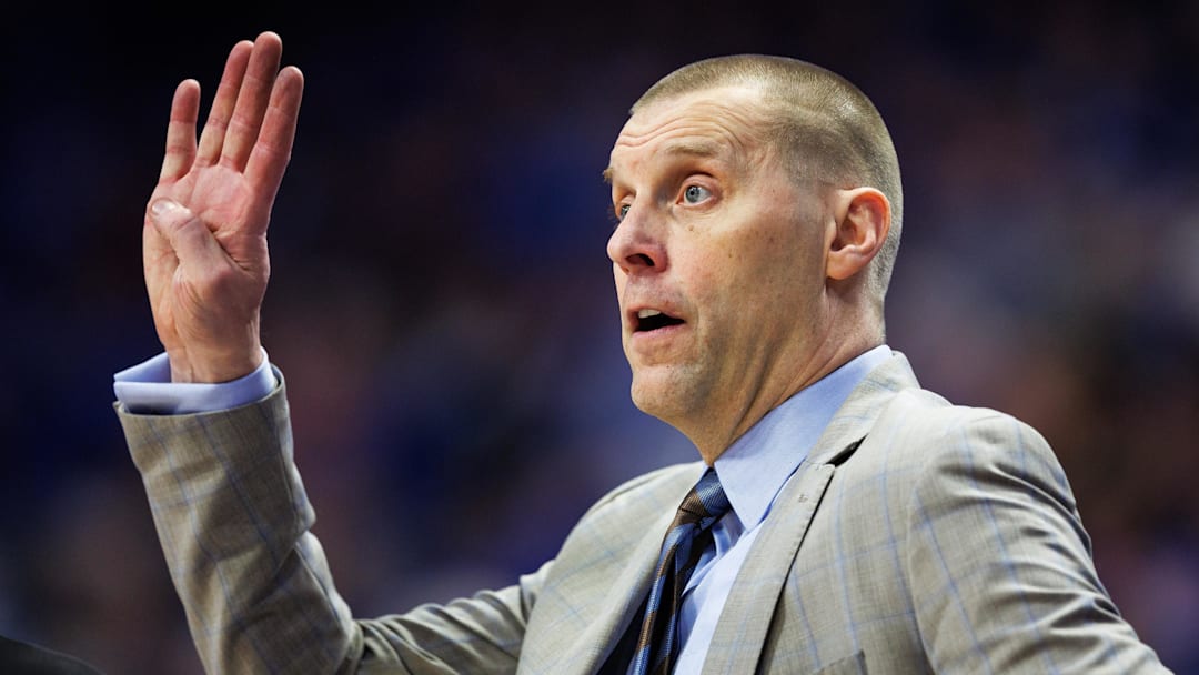 Feb 17, 2026; Lexington, Kentucky, USA; Kentucky Wildcats head coach Mark Pope calls out to his players during the first half against the Georgia Bulldogs at Rupp Arena at Central Bank Center. Mandatory Credit: Jordan Prather-Imagn Images