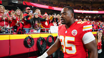 Oct 27, 2025; Kansas City, Missouri, USA; Kansas City Chiefs defensive end Chris Jones (95) walks off the field after warmups prior to the game against the Washington Commanders at GEHA Field at Arrowhead Stadium. Mandatory Credit: Denny Medley-Imagn Images