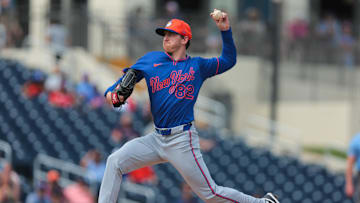 Feb 25, 2025; West Palm Beach, Florida, USA; New York Mets starting pitcher Brandon Waddell (82) delivers a pitch against the Houston Astros during the first inning at CACTI Park of the Palm Beaches. Mandatory Credit: Sam Navarro-Imagn Images