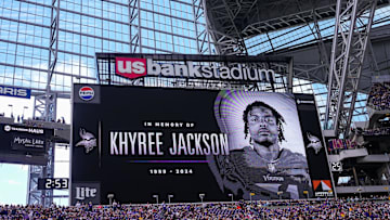Aug 10, 2024; Minneapolis, Minnesota, USA; Minnesota Vikings have a moment of silence for Khyree Jackson before the game against the Las Vegas Raiders at U.S. Bank Stadium. Mandatory Credit: Brad Rempel-Imagn Images