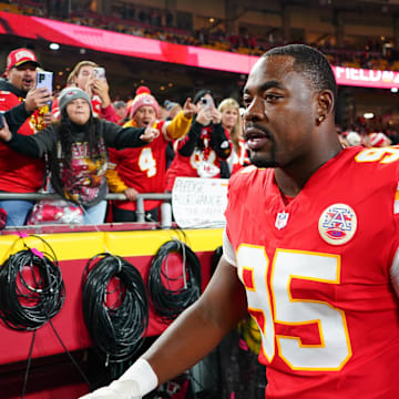 Oct 27, 2025; Kansas City, Missouri, USA; Kansas City Chiefs defensive end Chris Jones (95) walks off the field after warmups prior to the game against the Washington Commanders at GEHA Field at Arrowhead Stadium. Mandatory Credit: Denny Medley-Imagn Images