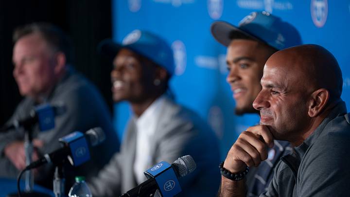 Tennessee Titans Coach Robert Saleh, right, takes a question from the media with their first round draft picks and Mike Borgonzi, general manager, at Vanderbilt Health Football Center Friday, April 24, 2026. Titans first round draft picks are wide receiver Carnell Tate, second left, and edge Keldric Faulk.