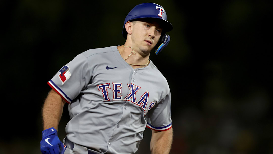 Aug 30, 2025; West Sacramento, California, USA; Texas Rangers left fielder Wyatt Langford (36) rounds the bases after hitting a solo home run against the Athletics during the fifth inning at Sutter Health Park. Mandatory Credit: Dennis Lee-Imagn Images
