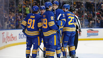 Buffalo Sabres players Alex Tuch, Tage Thompson, Rasmus Dahlin, Mattias Samuelsson and Josh Doan