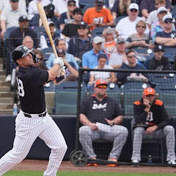 Mar 10, 2025; Tampa, Florida, USA; New York Yankees first baseman Paul Goldschmidt (48) hits a home run against the Detroit Tigers during the first inning at George M. Steinbrenner Field.