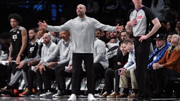 Dec 8, 2024; Brooklyn, New York, USA; Brooklyn Nets head coach Jordi Fernandez reacts during the second half against the Milwaukee Bucks at Barclays Center. Mandatory Credit: John Jones-Imagn Images