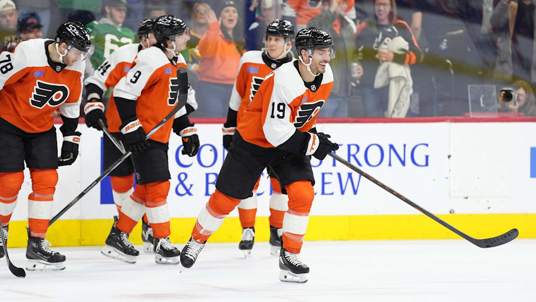 Feb 8, 2025; Philadelphia, Pennsylvania, USA; Philadelphia Flyers right wing Garnet Hathaway (19) reacts after scoring a goal against the Pittsburgh Penguins in the second period at Wells Fargo Center. Mandatory Credit: Kyle Ross-Imagn Images
