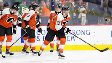 Feb 8, 2025; Philadelphia, Pennsylvania, USA; Philadelphia Flyers right wing Garnet Hathaway (19) reacts after scoring a goal against the Pittsburgh Penguins in the second period at Wells Fargo Center. Mandatory Credit: Kyle Ross-Imagn Images