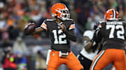 Nov 16, 2025; Cleveland, Ohio, USA; Cleveland Browns quarterback Shedeur Sanders (12) drops back to pass during the third quarter against the Baltimore Ravens at Huntington Bank Field. Mandatory Credit: Scott Galvin-Imagn Images