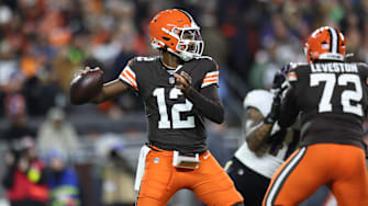 Nov 16, 2025; Cleveland, Ohio, USA; Cleveland Browns quarterback Shedeur Sanders (12) drops back to pass during the third quarter against the Baltimore Ravens at Huntington Bank Field. Mandatory Credit: Scott Galvin-Imagn Images