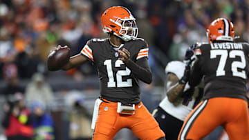 Nov 16, 2025; Cleveland, Ohio, USA; Cleveland Browns quarterback Shedeur Sanders (12) drops back to pass during the third quarter against the Baltimore Ravens at Huntington Bank Field. Mandatory Credit: Scott Galvin-Imagn Images