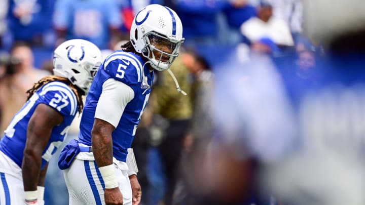 Oct 8, 2023; Indianapolis, Indiana, USA; Indianapolis Colts quarterback Anthony Richardson (5) looks at a receiver during warm ups before the game against the Tennessee Titans at Lucas Oil Stadium. Mandatory Credit: Marc Lebryk-USA TODAY Sports