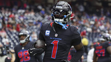 Oct 6, 2024; Houston, Texas, USA; Houston Texans wide receiver Stefon Diggs (1) warms up before the game against the Buffalo Bills at NRG Stadium.