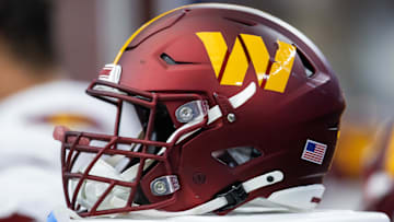 Sep 29, 2024; Glendale, Arizona, USA; Detailed view of a Washington Commanders helmet at State Farm Stadium. Mandatory Credit: Mark J. Rebilas-Imagn Images
