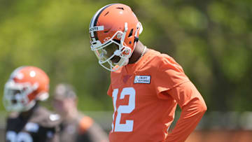 May 10, 2025; Berea, OH, USA; Cleveland Browns quarterback Shedeur Sanders (12) during rookie minicamp at CrossCountry Mortgage Campus. Mandatory Credit: Ken Blaze-Imagn Images