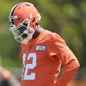May 10, 2025; Berea, OH, USA; Cleveland Browns quarterback Shedeur Sanders (12) during rookie minicamp at CrossCountry Mortgage Campus. Mandatory Credit: Ken Blaze-Imagn Images