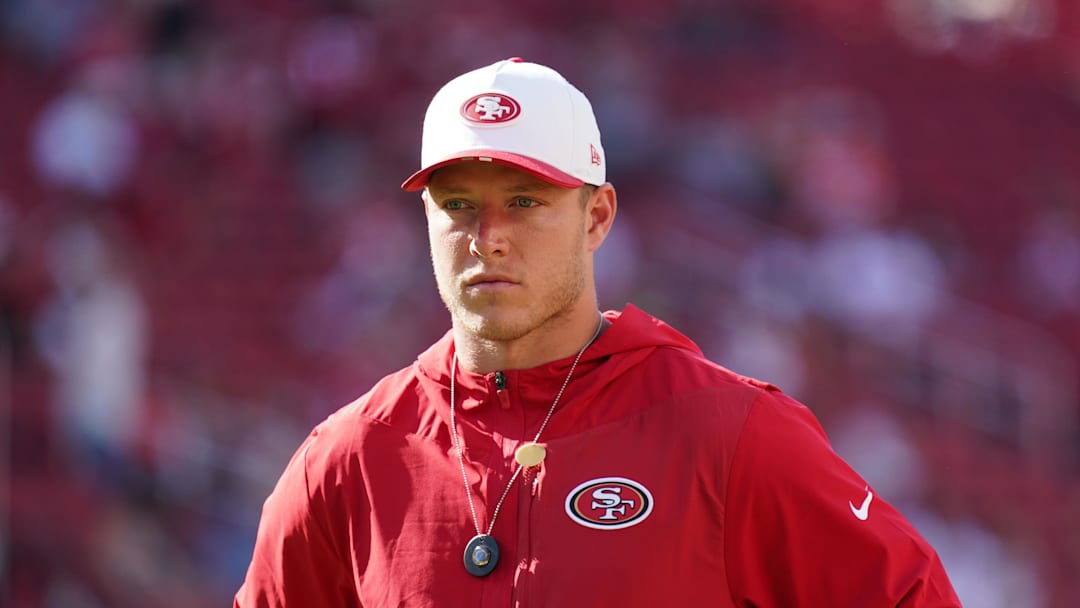 Aug 9, 2025; Santa Clara, California, USA;  San Francisco 49ers running back Christian McCaffrey (23) warms up before the game against the Denver Broncos at Levi's Stadium. Mandatory Credit: David Gonzales-Imagn Images