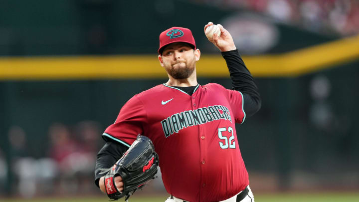 May 25, 2024; Phoenix, Arizona, USA; Arizona Diamondbacks pitcher Jordan Montgomery (52) pitches against the Miami Marlins during the first inning at Chase Field. Mandatory Credit: Joe Camporeale-USA TODAY Sports