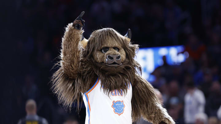 Nov 22, 2023; Oklahoma City, Oklahoma, USA; Oklahoma City Thunder mascot Rumble the Bison gestures during a time out against the Chicago Bulls during the second half at Paycom Center. Mandatory Credit: Alonzo Adams-USA TODAY Sports