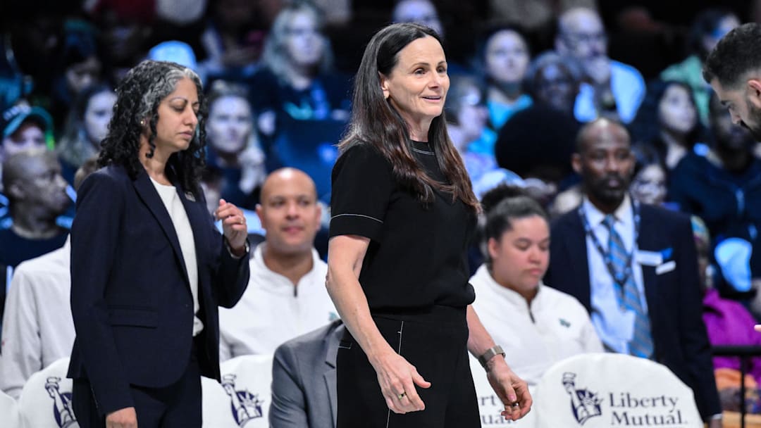 Jun 19, 2025; Brooklyn, New York, USA; New York Liberty head coach Sandy Brondello looks on during the first half against the Phoenix Mercury at Barclays Center. Mandatory Credit: John Jones-Imagn Images