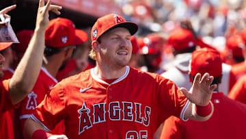 Mar 19, 2024; Tempe, Arizona, USA; Los Angeles Angels catcher Chad Wallach against the Cincinnati Reds during a spring training game at Tempe Diablo Stadium. Mandatory Credit: Mark J. Rebilas-USA TODAY Sports