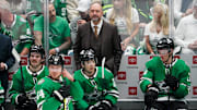 Apr 19, 2025; Dallas, Texas, USA; Dallas Stars head coach Peter DeBoer on the bench during the second period in game one of the first round of the 2025 Stanley Cup Playoffs against the Colorado Avalanche at American Airlines Center. Mandatory Credit: Raymond Carlin III-Imagn Images