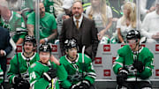 Apr 19, 2025; Dallas, Texas, USA; Dallas Stars head coach Peter DeBoer on the bench during the second period in game one of the first round of the 2025 Stanley Cup Playoffs against the Colorado Avalanche at American Airlines Center. Mandatory Credit: Raymond Carlin III-Imagn Images