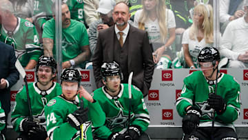 Apr 19, 2025; Dallas, Texas, USA; Dallas Stars head coach Peter DeBoer on the bench during the second period in game one of the first round of the 2025 Stanley Cup Playoffs against the Colorado Avalanche at American Airlines Center. Mandatory Credit: Raymond Carlin III-Imagn Images
