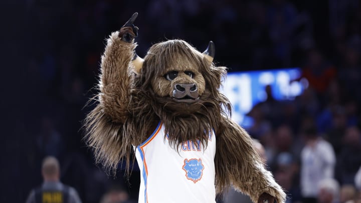 Nov 22, 2023; Oklahoma City, Oklahoma, USA; Oklahoma City Thunder mascot Rumble the Bison gestures during a time out against the Chicago Bulls during the second half at Paycom Center. Mandatory Credit: Alonzo Adams-USA TODAY Sports