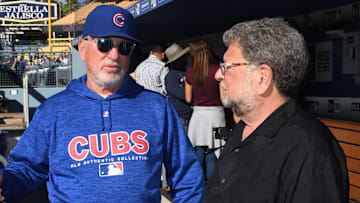 Jun 25, 2018; Los Angeles, CA, USA; Chicago Cubs manager Joe Maddon (left) talks with Los Angeles Dodgers broadcaster Charley Steiner before the game at Dodger Stadium. 