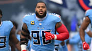 Sep 14, 2025; Nashville, Tennessee, USA; Tennessee Titans defensive tackle Jeffery Simmons (98) before the first half at Nissan Stadium. Mandatory Credit: Steve Roberts-Imagn Images