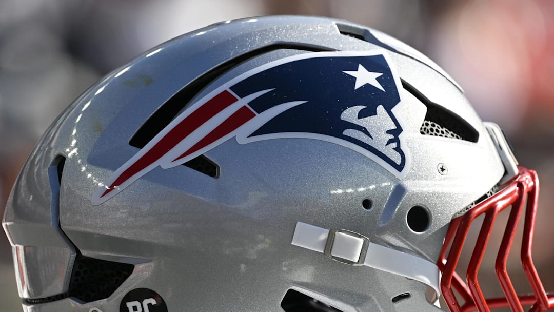 Nov 2, 2025; Foxborough, Massachusetts, USA;  Detail view of a New England Patriots helmet prior to the game against the Atlanta Falcons at Gillette Stadium. Mandatory Credit: Eric Canha-Imagn Images