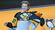 Jul 7, 2022; Montreal, Quebec, CANADA; Owen Pickering after being selected as the number twenty-one overall pick to the Pittsburgh Penguins in the first round of the 2022 NHL Draft at Bell Centre. Mandatory Credit: Eric Bolte-Imagn Images