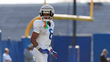 Florida Gators wide receiver Dallas Wilson (6) waits for a drill to start during spring football practice at Heavener Football Complex at the University of Florida in Gainesville, FL on Tuesday, March 11, 2025. [Matt Pendleton/Gainesville Sun]